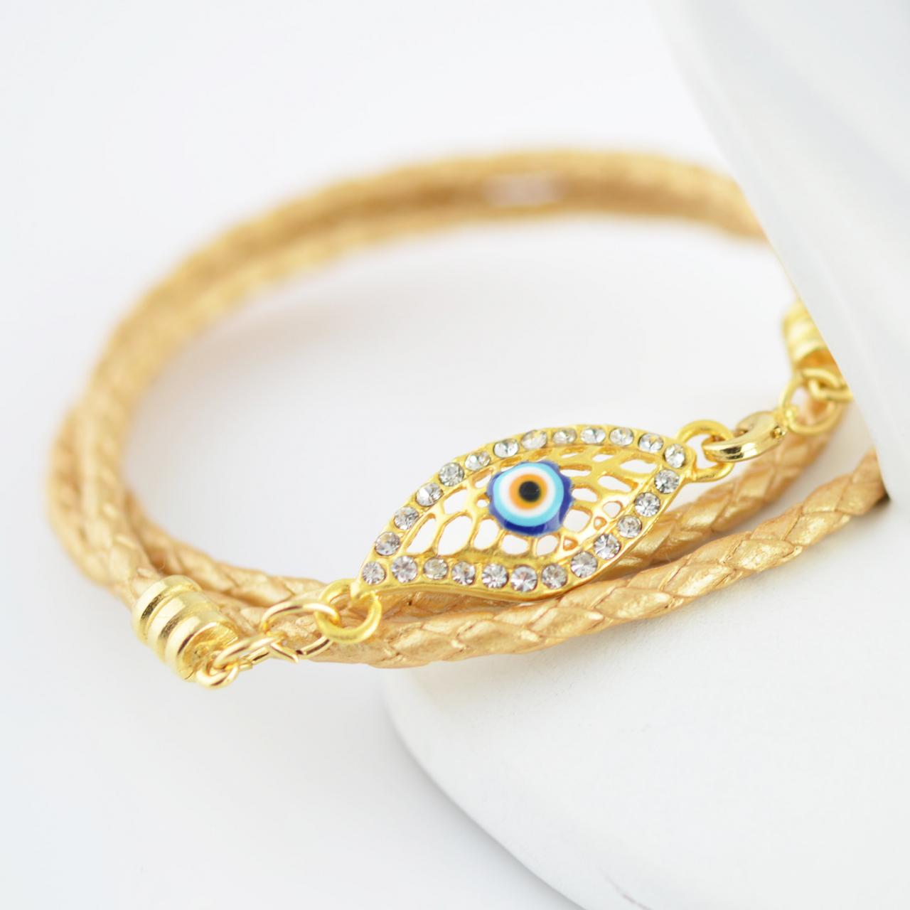 Triple Wrap Bracelet With Evil Eye Charm, Gold Leather, Gold Evil Eye ...